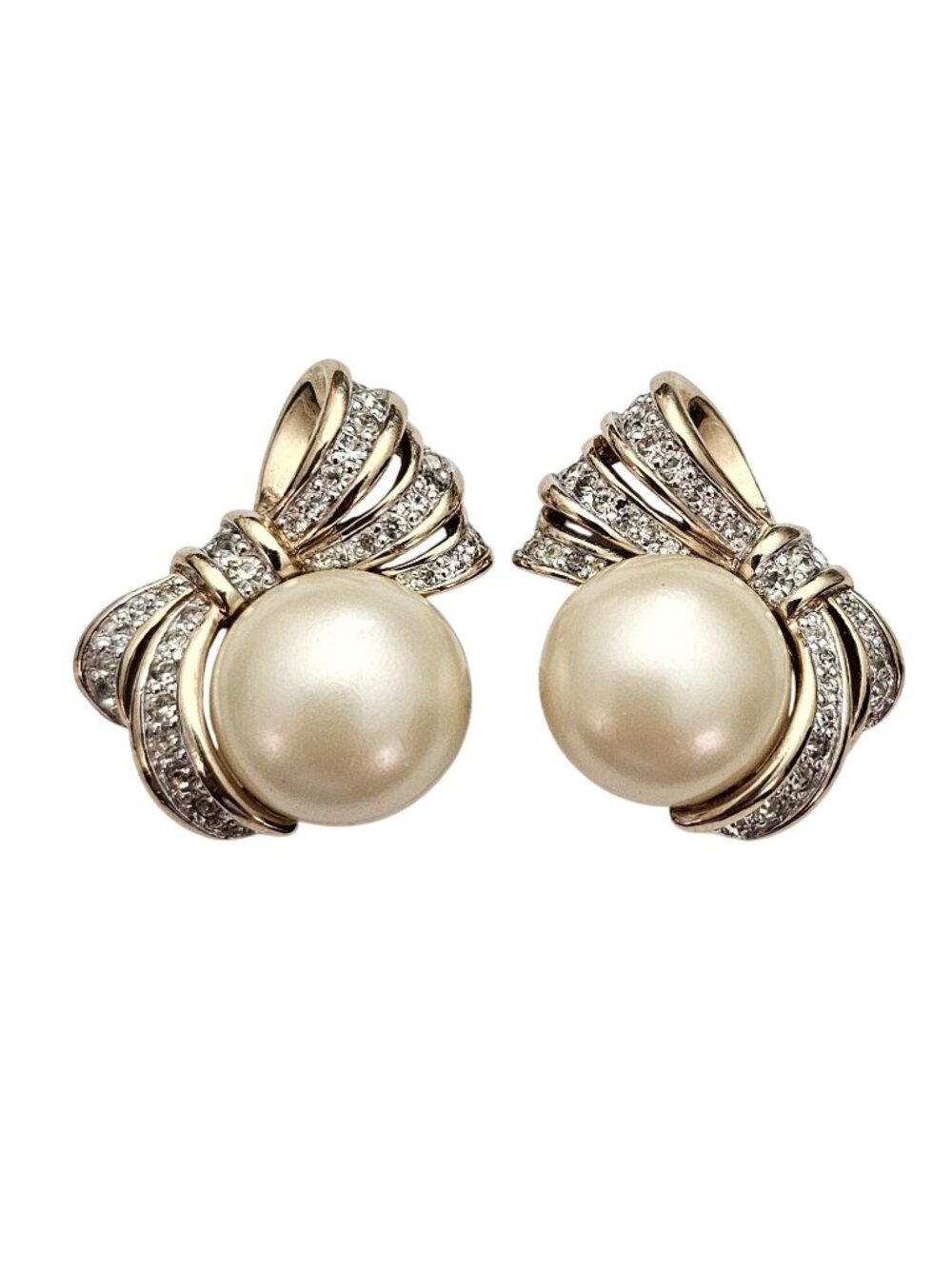 Panetta Clip-On Faux Pearl Clear Rhinestone Bow Earrings Signed, J587